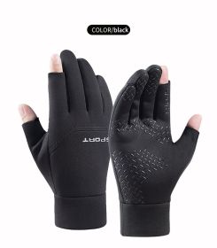 Winter Fishing Gloves Women Men Universal Keep Warm Fishing Protection Anti-slip Gloves 2 Cut Fingers Outdoor Angling (Color: black, size: M)